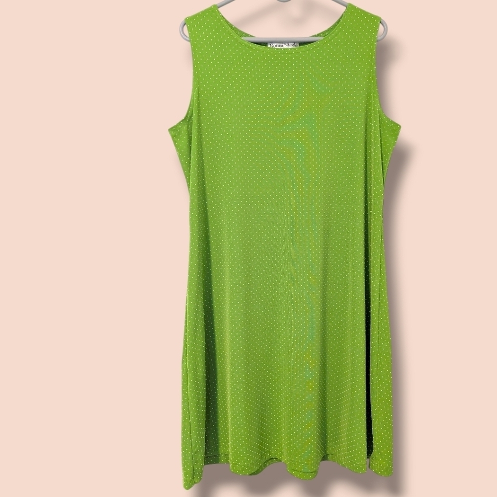 Ronni Nicole Vintage Lime Green White Polka Dot Sleeveless Shift Dress XL Retro